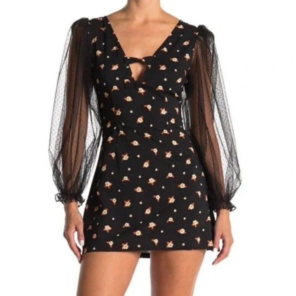 WeWoreWhat Womens Small Black Floral Sadie Mini Dress Sheer Dot Sleeves